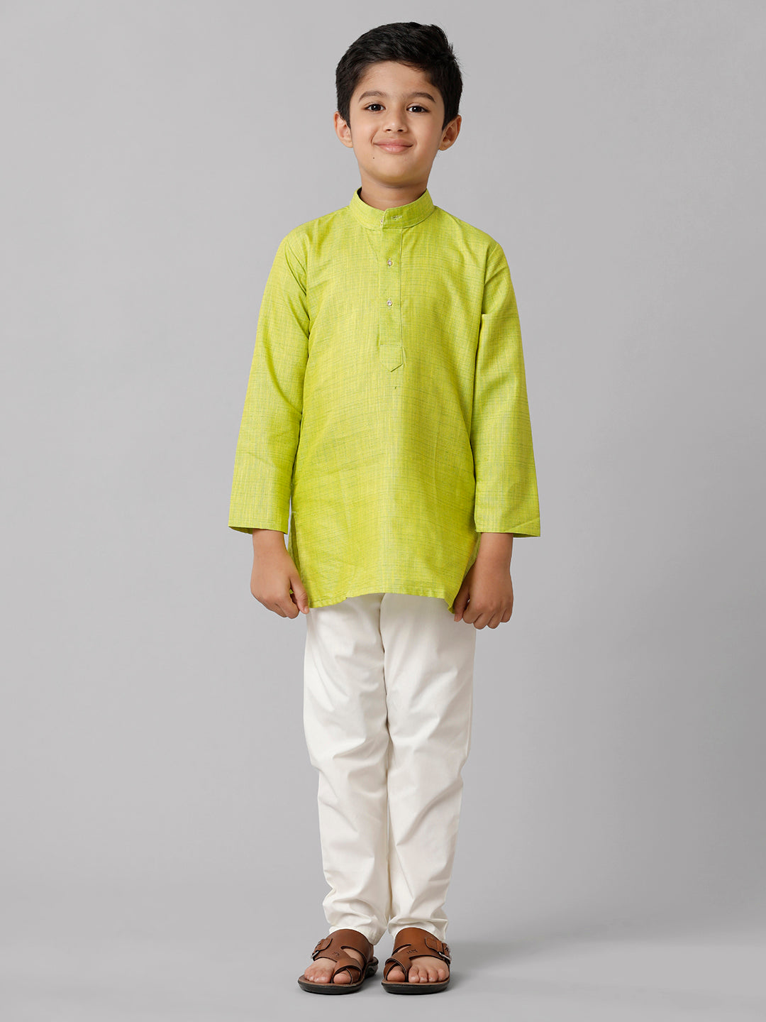Boys Cotton Full Sleeves Parrot Green Kurta with Cream Pyjama Pant Combo FS2