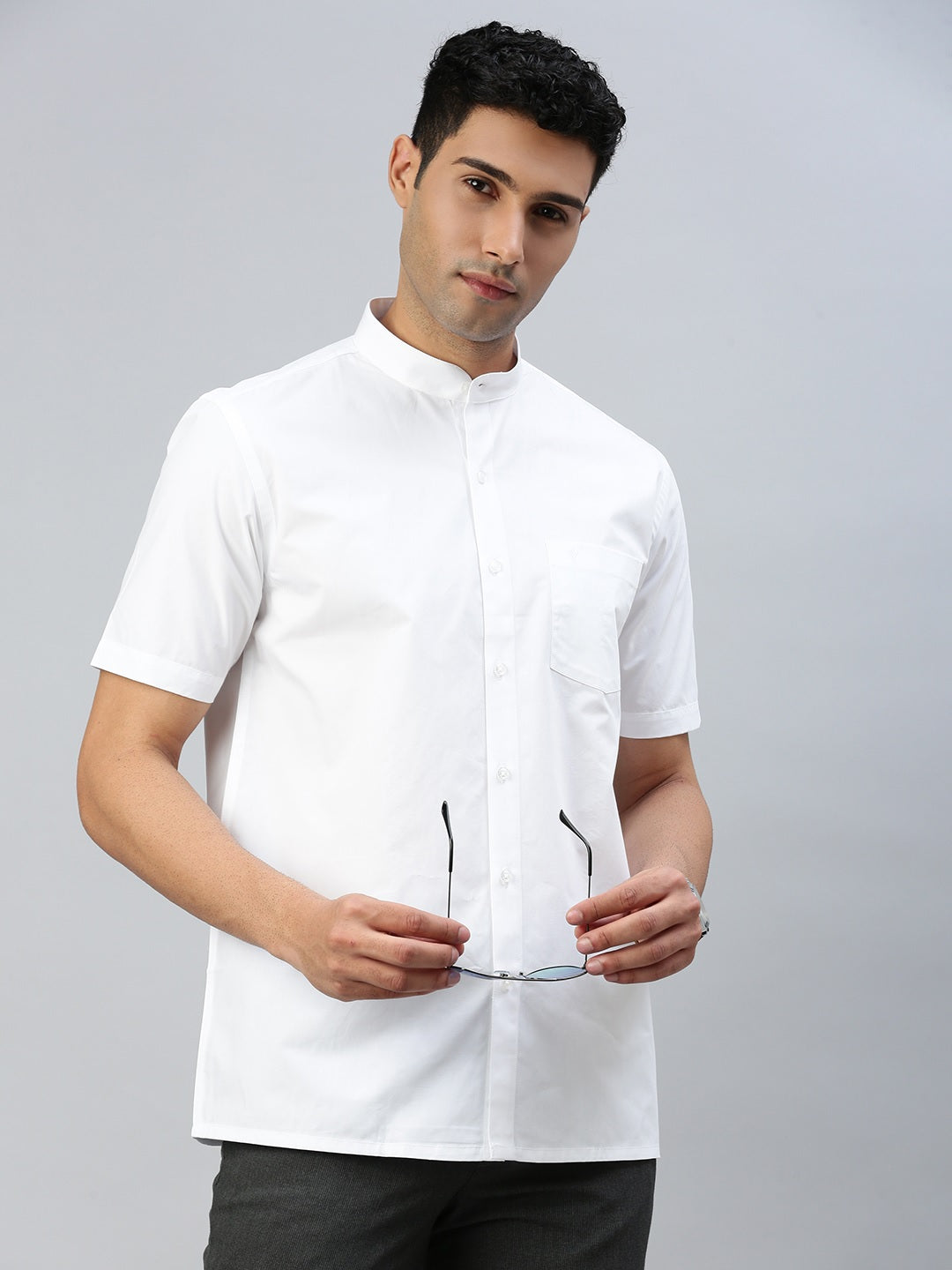 Mens Grand Look 100% Cotton Chinese Collar White Shirt