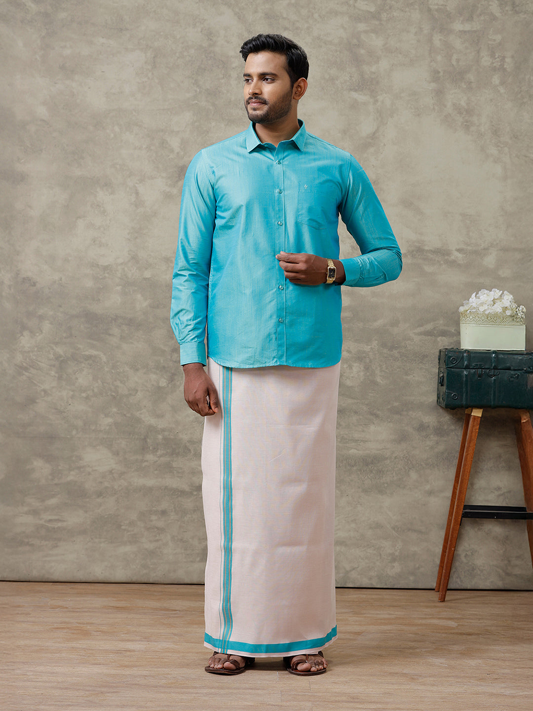 Couple Combo Shirt & Dhoti Set with Saree Blue SS322