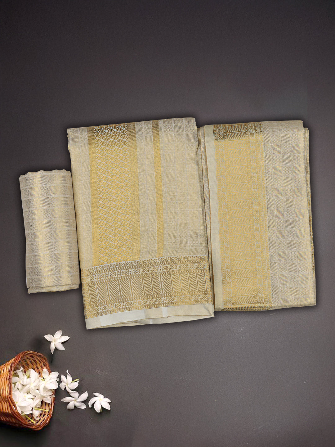 Men Tissue Dhoti & Shirting Set Cream Golden Glory GG03