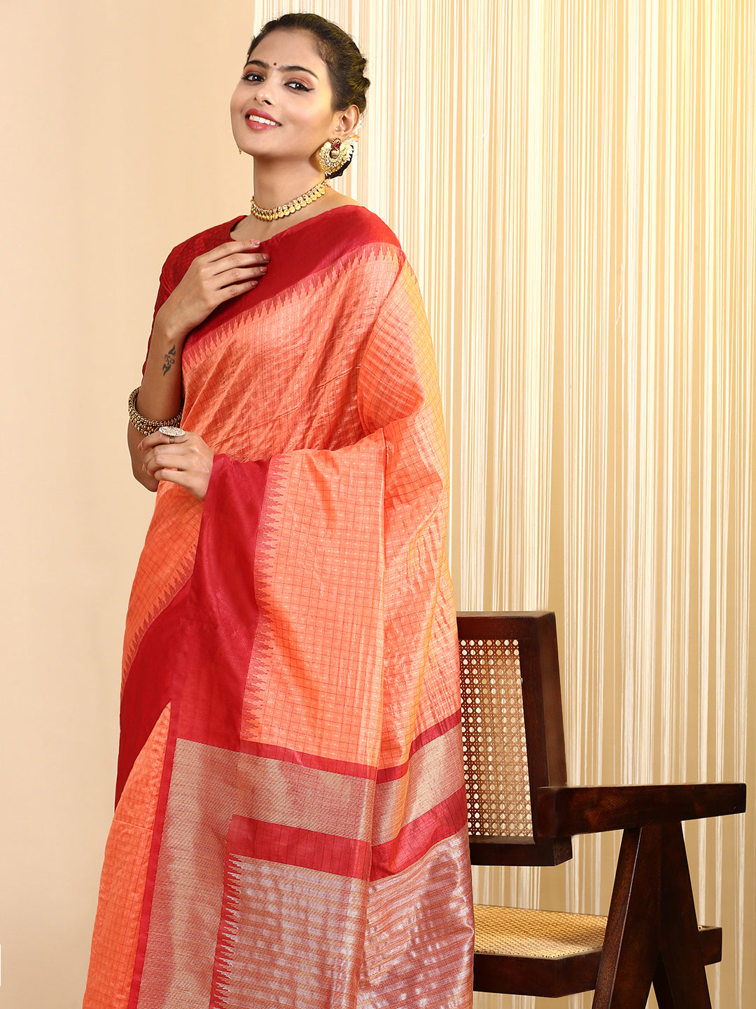 Women Semi Tussar Weaving Saree Orange ST180