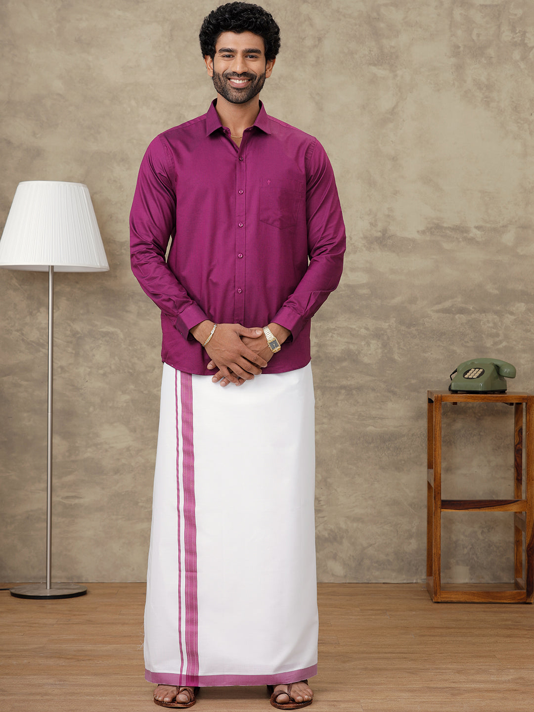 Men Dark Raspberry Shirt With Matching Border Dhoti Set Evolution