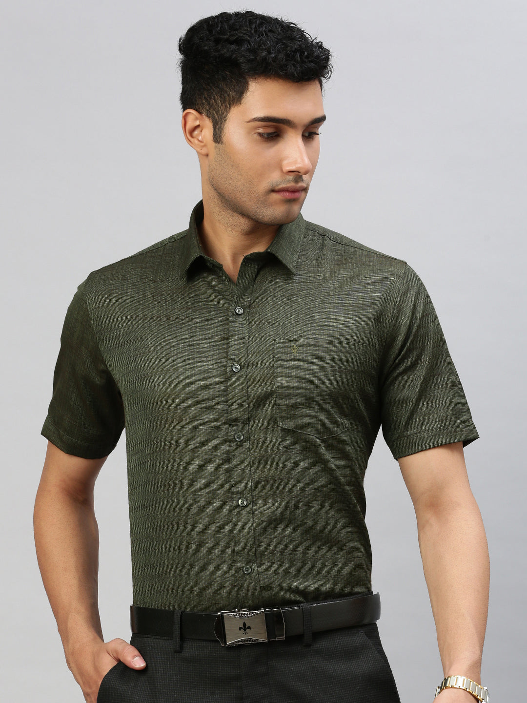 Men Cotton Blend Shirt Green T33 TI4