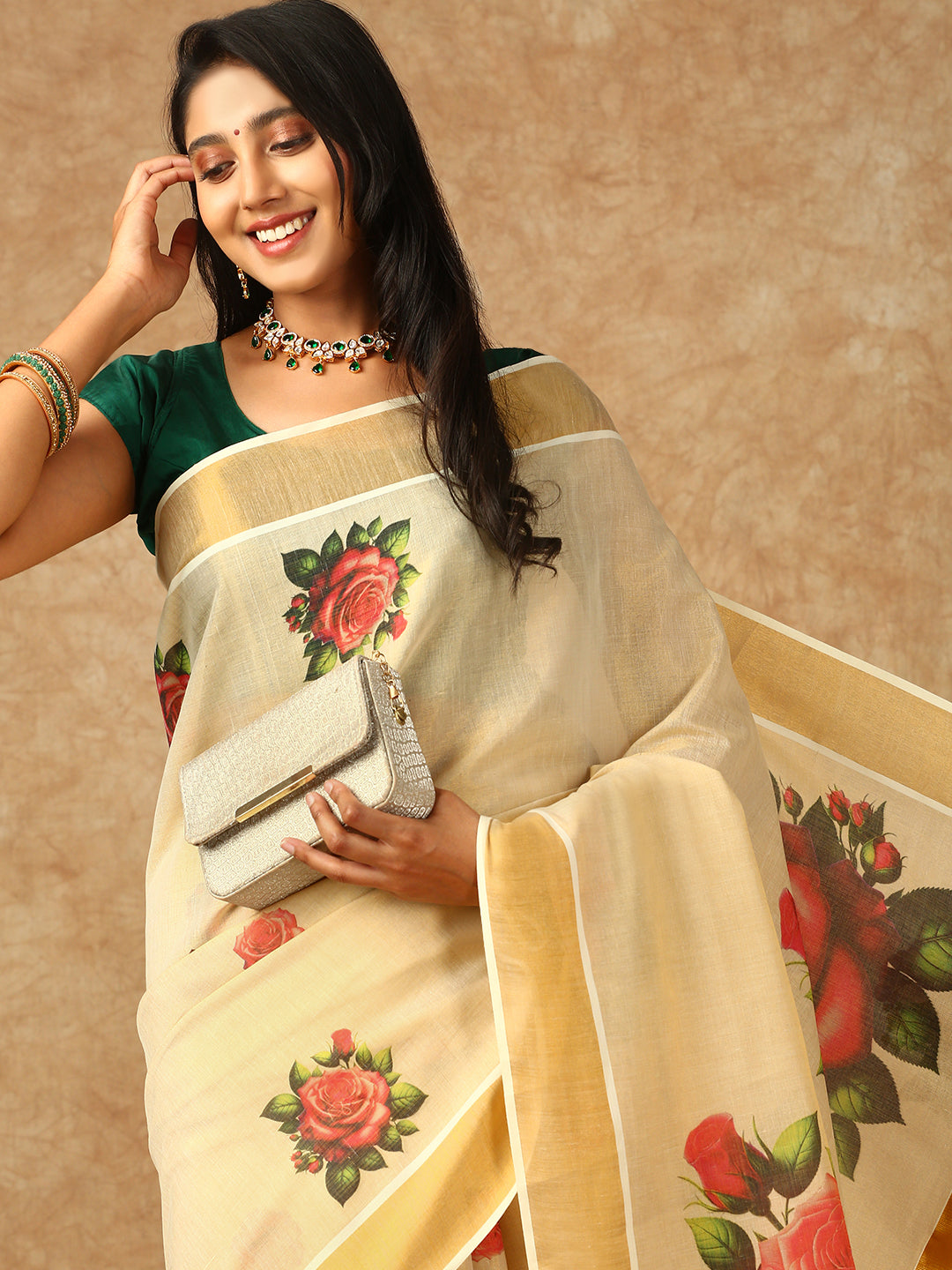 Women Kerala Tissue Gold Printed Saree KS164