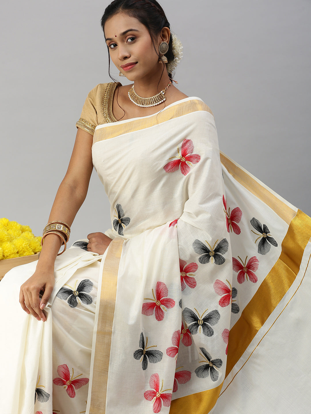 Kerala Cream Colorful Butterfly Embroidery Saree with Gold Zari Border KS83-Side view