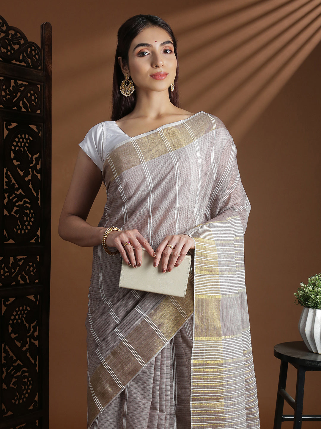 Women Light Brown Striped Cotton Jute Saree CJ12