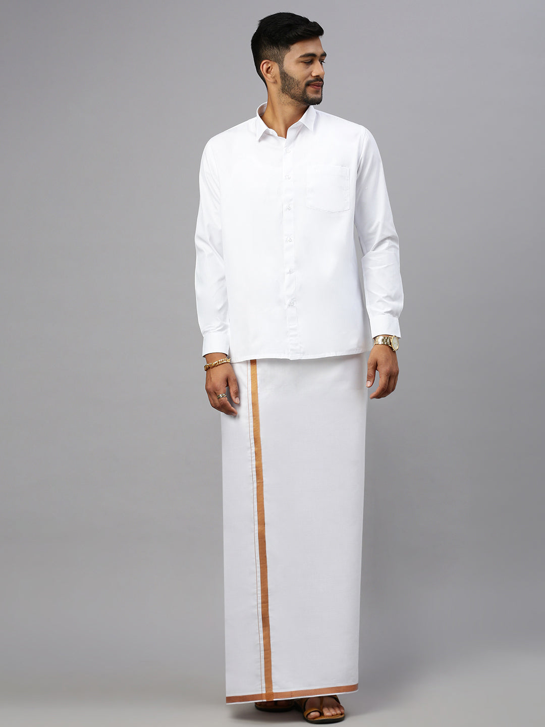 Mens White Double Dhoti with  3/4" Copper Jari