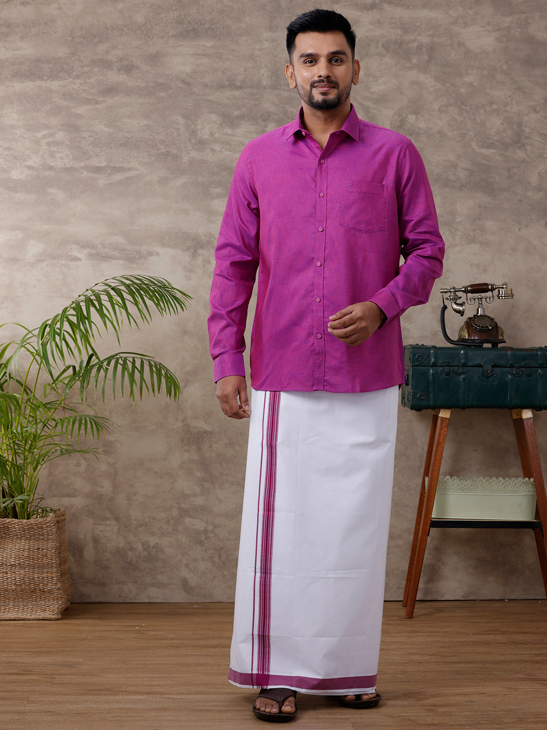 Men Matching Border Dhoti & Full Sleeves Shirt Set Magenta C49