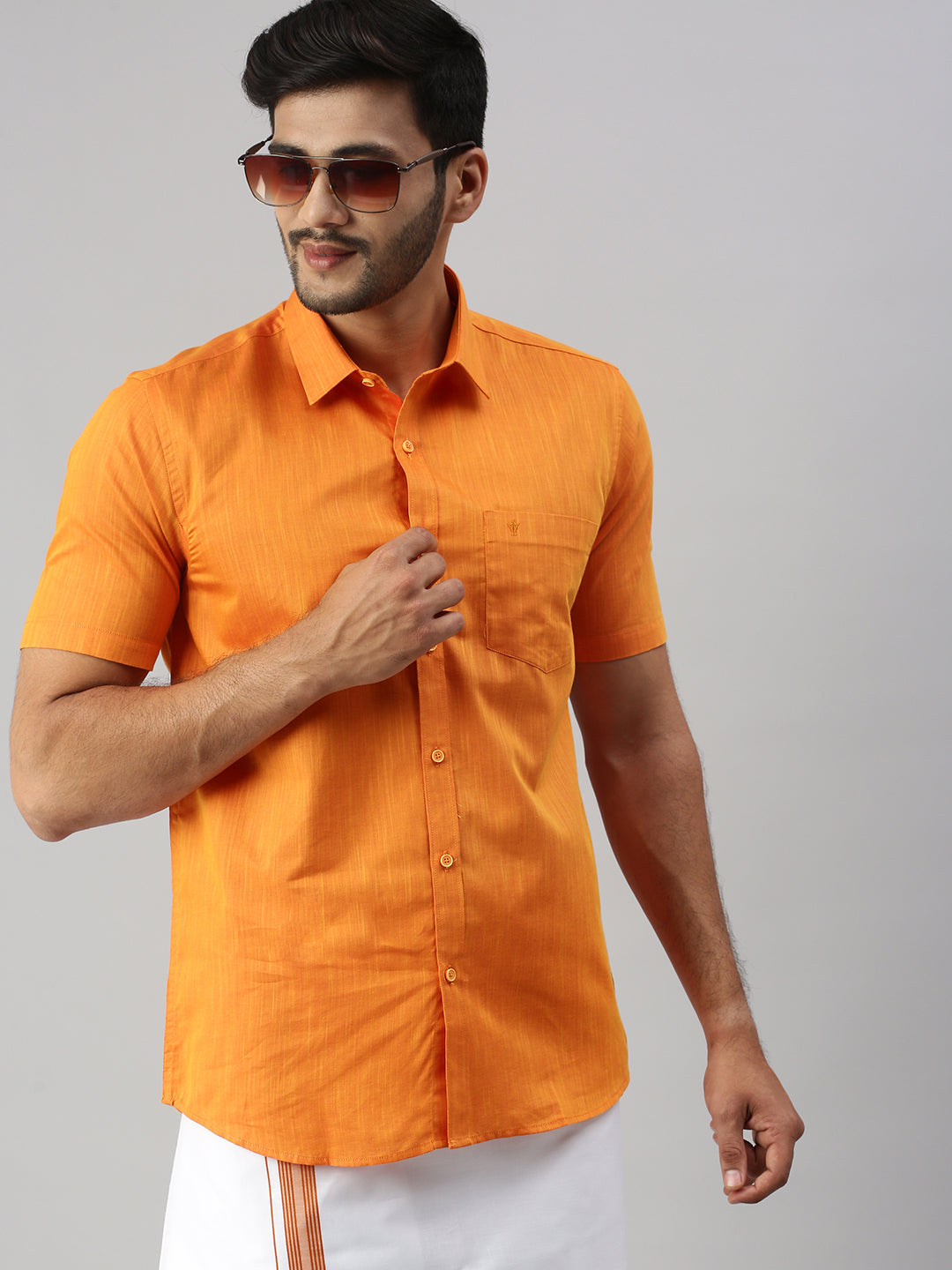 Mens Orange Matching Border Dhoti & Half Sleeves Shirt Set Evolution IC1-Close view