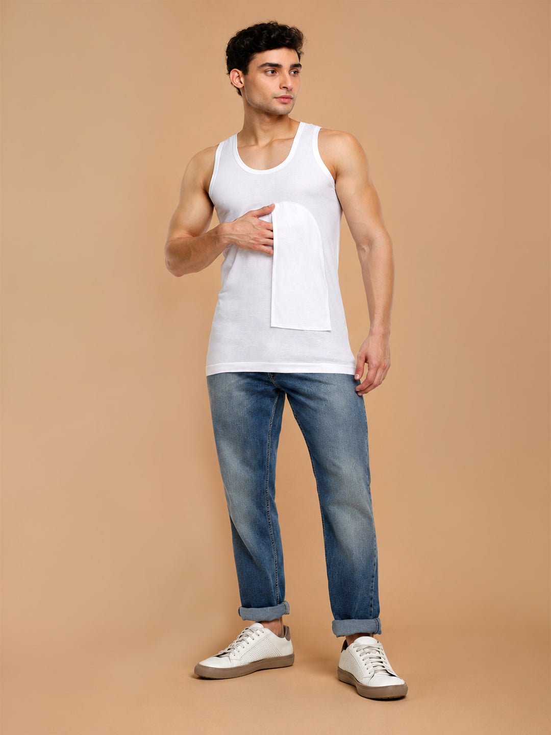 100% Combed Cotton White Pocket Vest RN Sukra (Pack of 2)