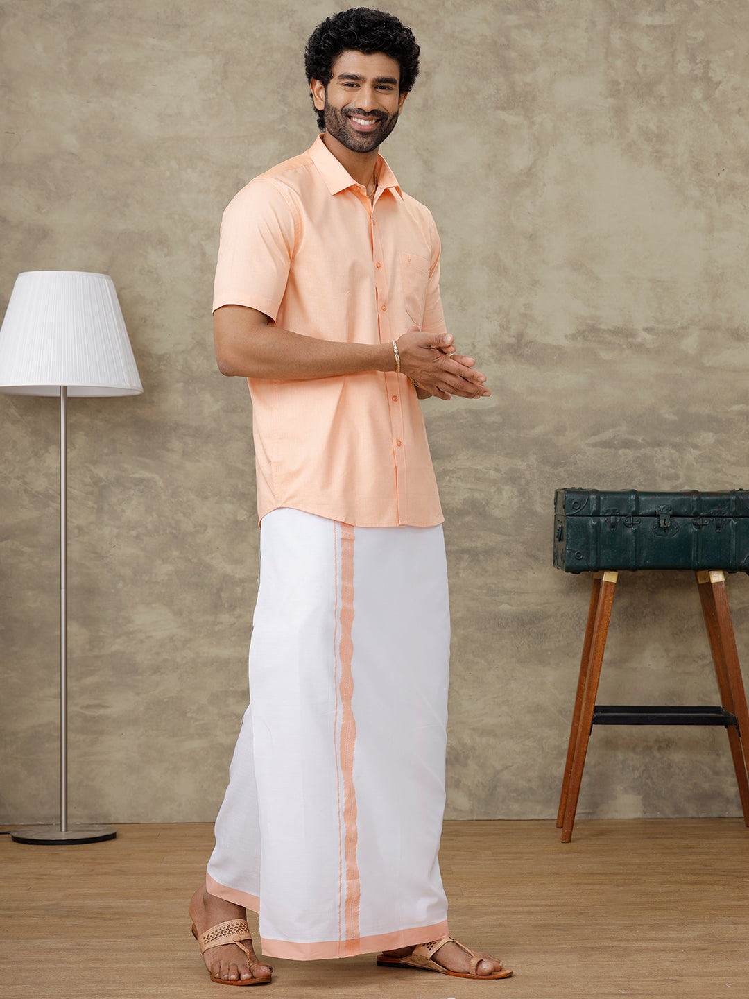 Men Peach Shirt With Matching Border Dhoti Set Evolution