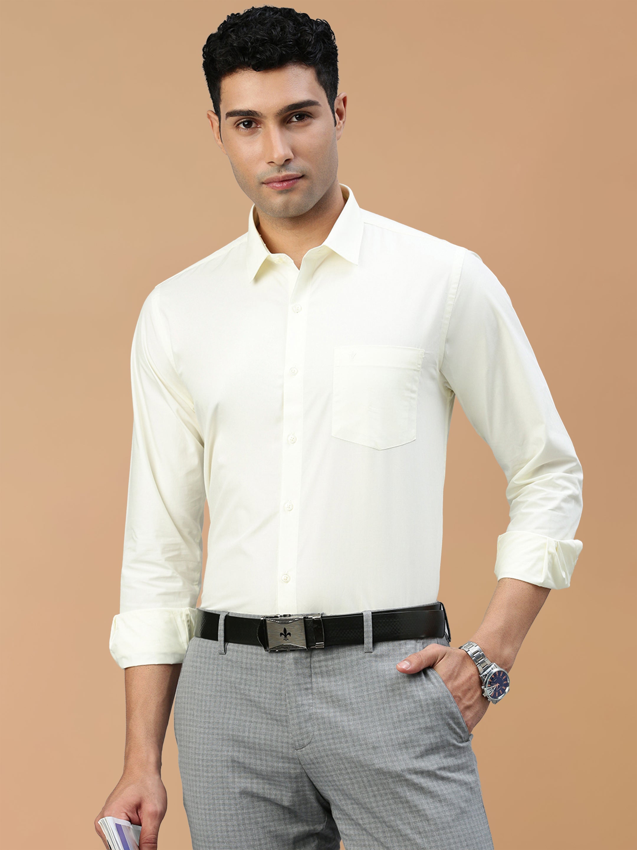100% Cotton Cream Regular Fit Shirt Sammantham