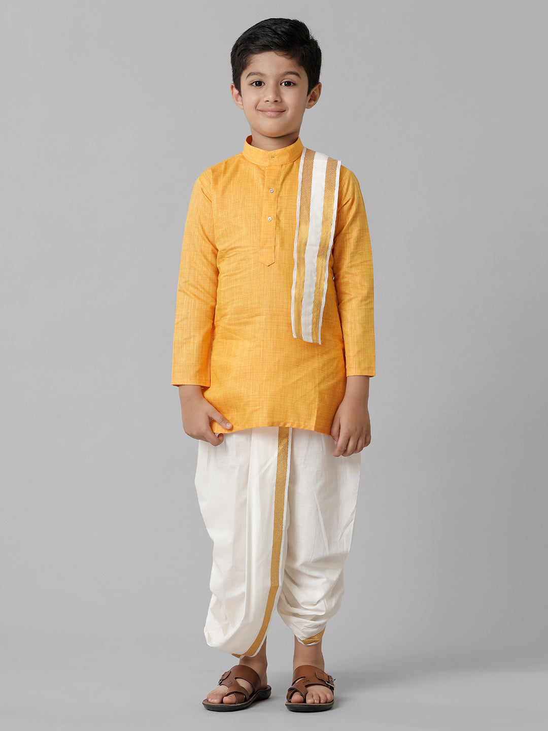 Boys Cotton Yellow Kurta with Cream Elastic Panchakacham Towel Combo FS1