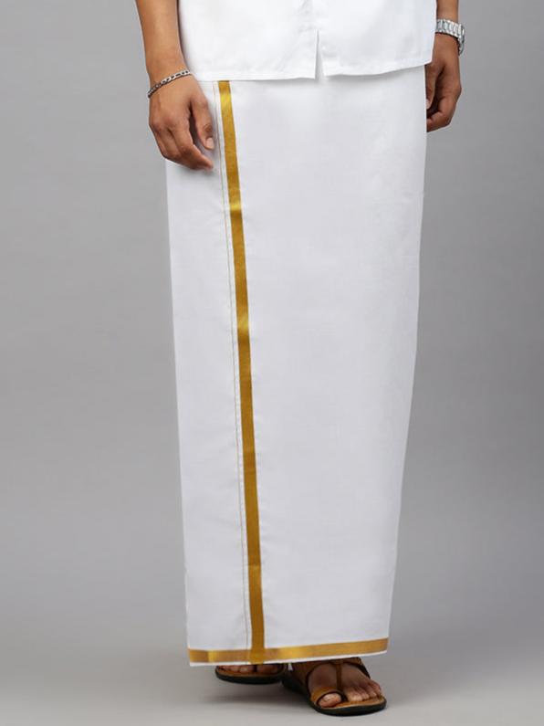 Men 100% Cotton Single Layer White Dhoti with Gold Jari Border Aruthra