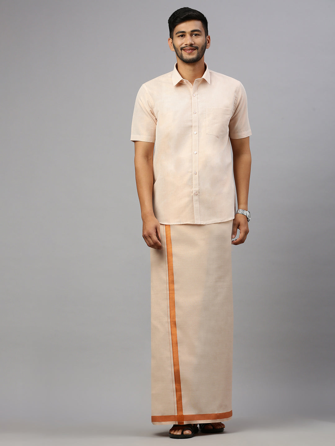 Men Copper Tissue Half Sleeve Shirt with Matching Readymade Single Dhoti Combo