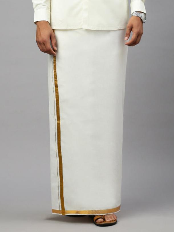 Men Cotton Blend Readymade Double Layer Cream Dhoti with 3/4" Gold Jari Border C498