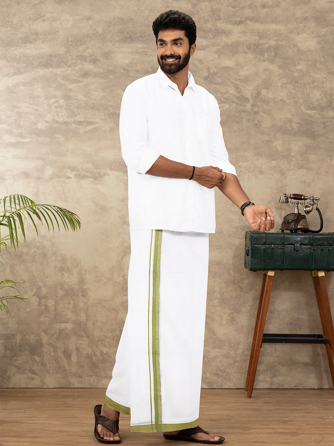 Men 100% Cotton Double Layer White Dhoti with Fancy Jari Border EJF17