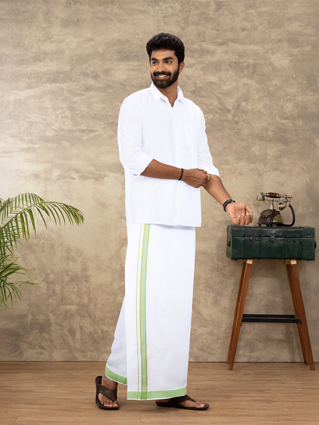 Men Cotton Blend Readymade Single Layer White Dhoti with Fancy Jari Border GACJ46