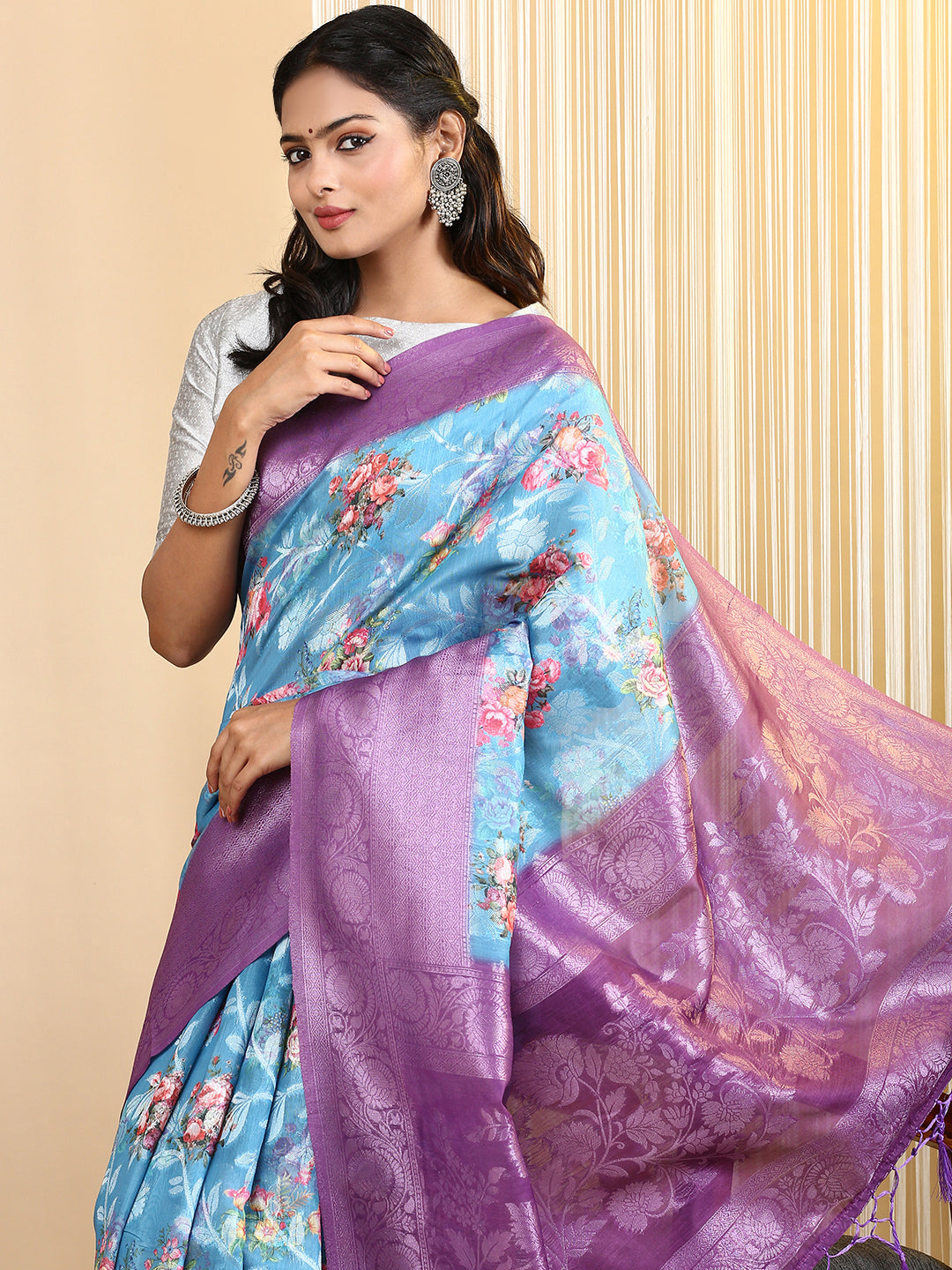 Womens Semi Cotton Printed Saree Blue SCS104