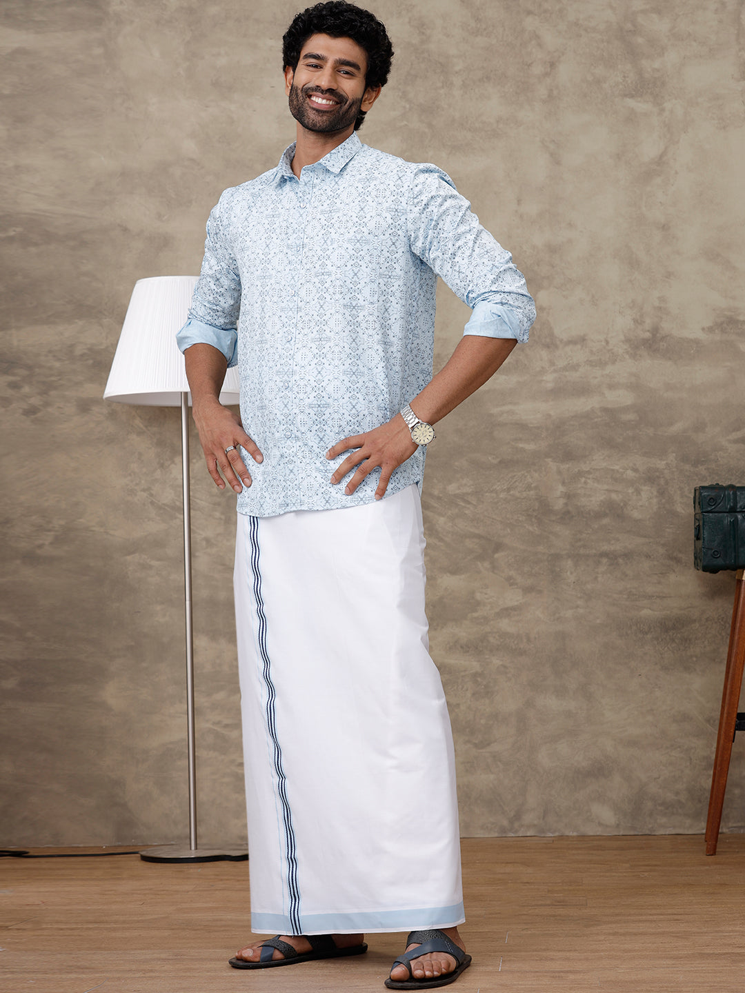 Men Aqua Blue Matching Border Dhoti With Printed Shirt Set Fusion PS2