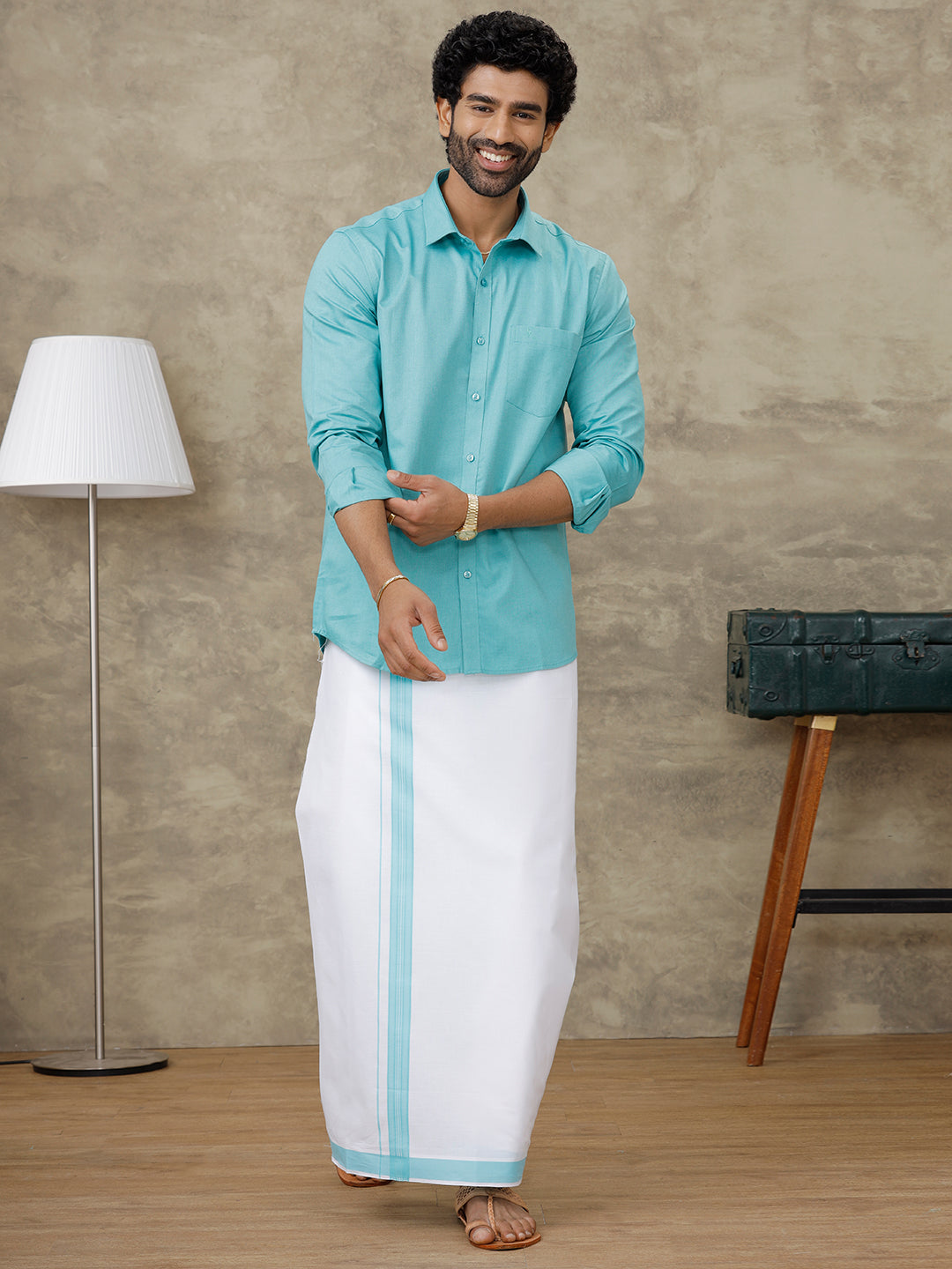 Men Turquoise Blue Shirt With Matching Border Dhoti Set Evolution