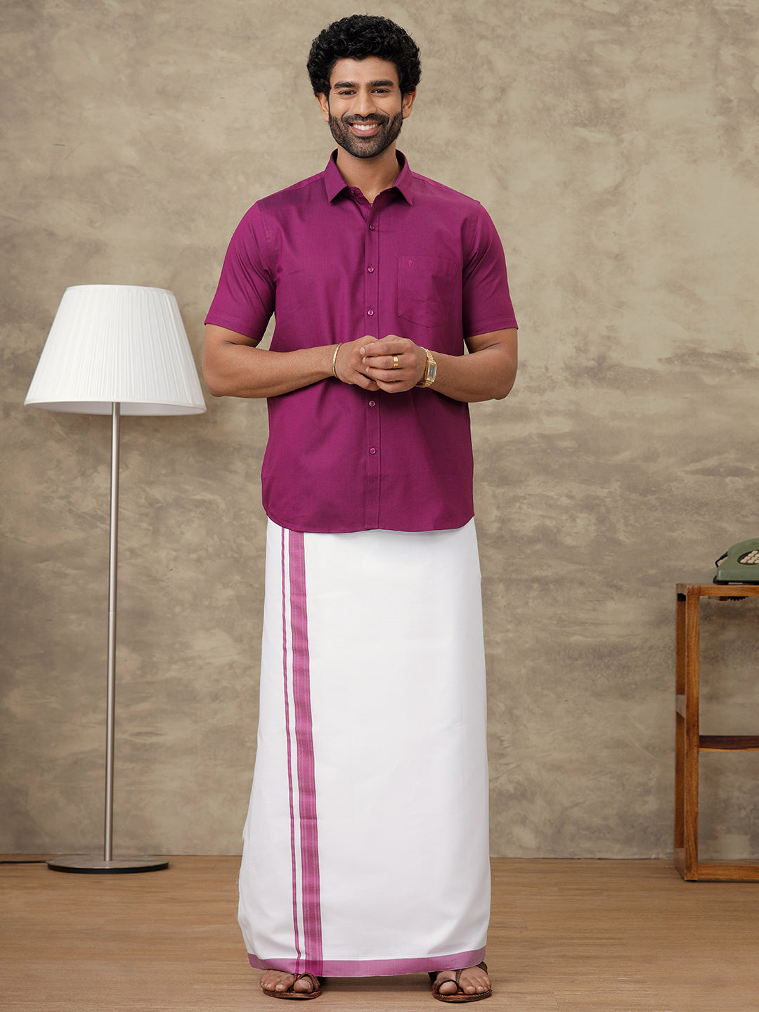 Men Dark Raspberry Shirt With Matching Border Dhoti Set Evolution