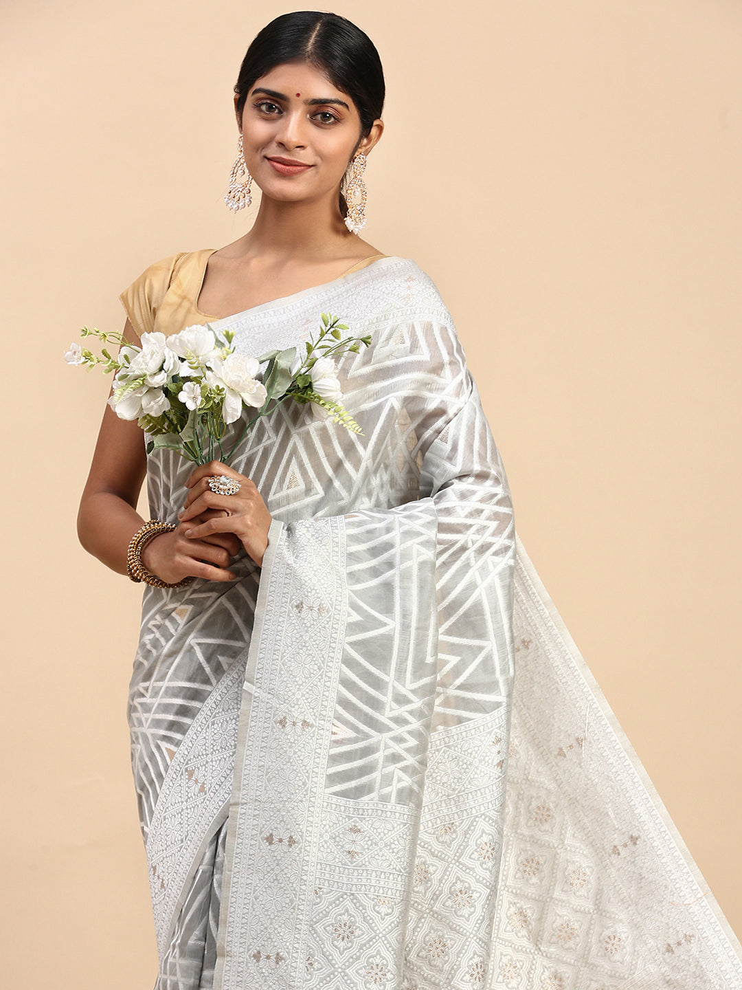 Women Semi Cotton Printed Saree Grey SCS110