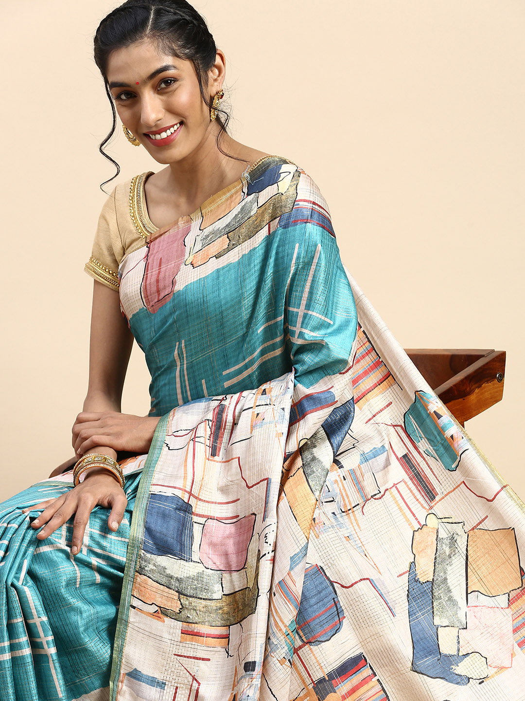 Women Semi Tussar Printed Saree Greenish Blue & Sandal STP23-Side view