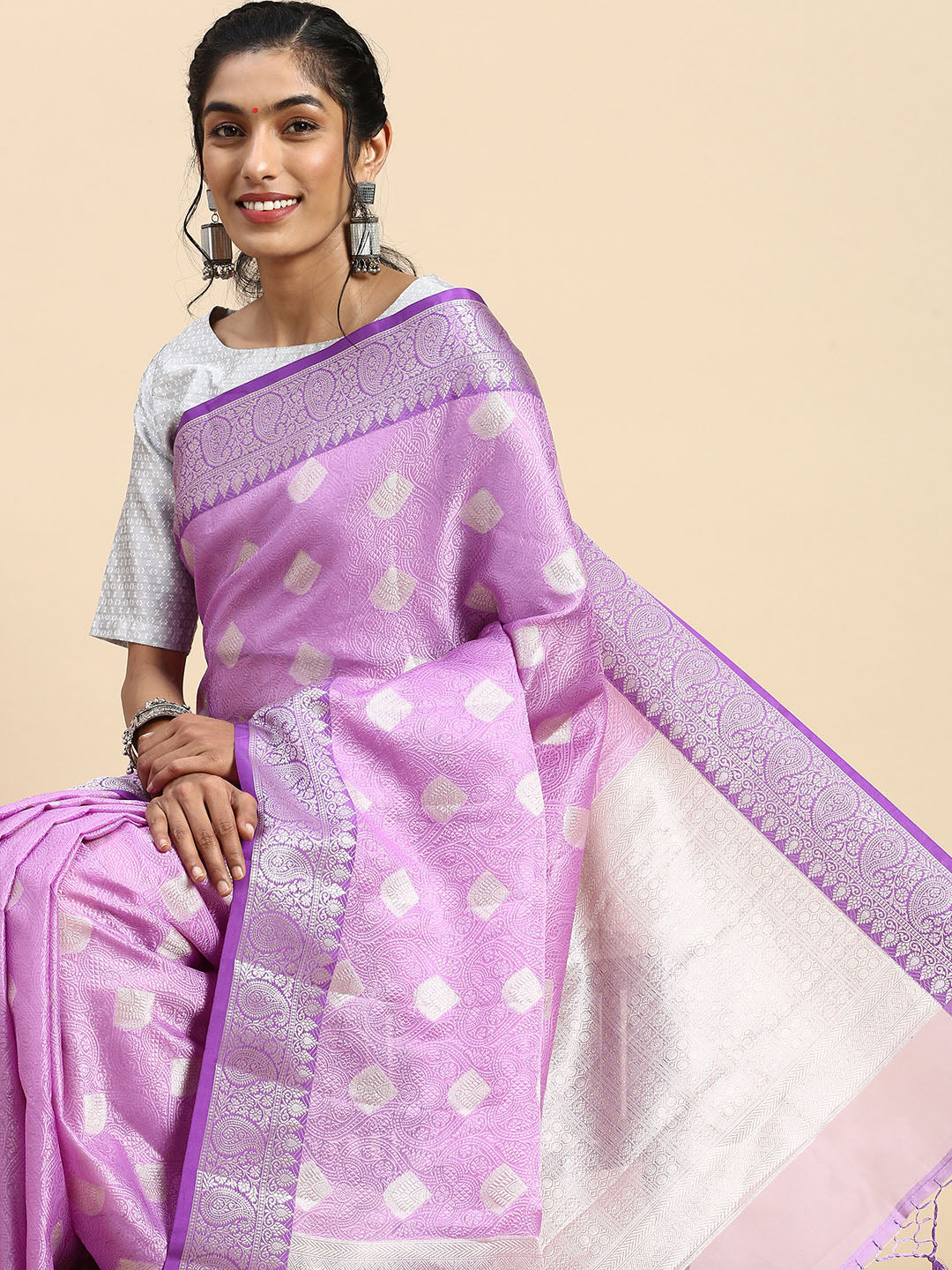 Semi Kora Cotton Allover Design Saree Lavender with Silver Zari Border SKCW07-side view