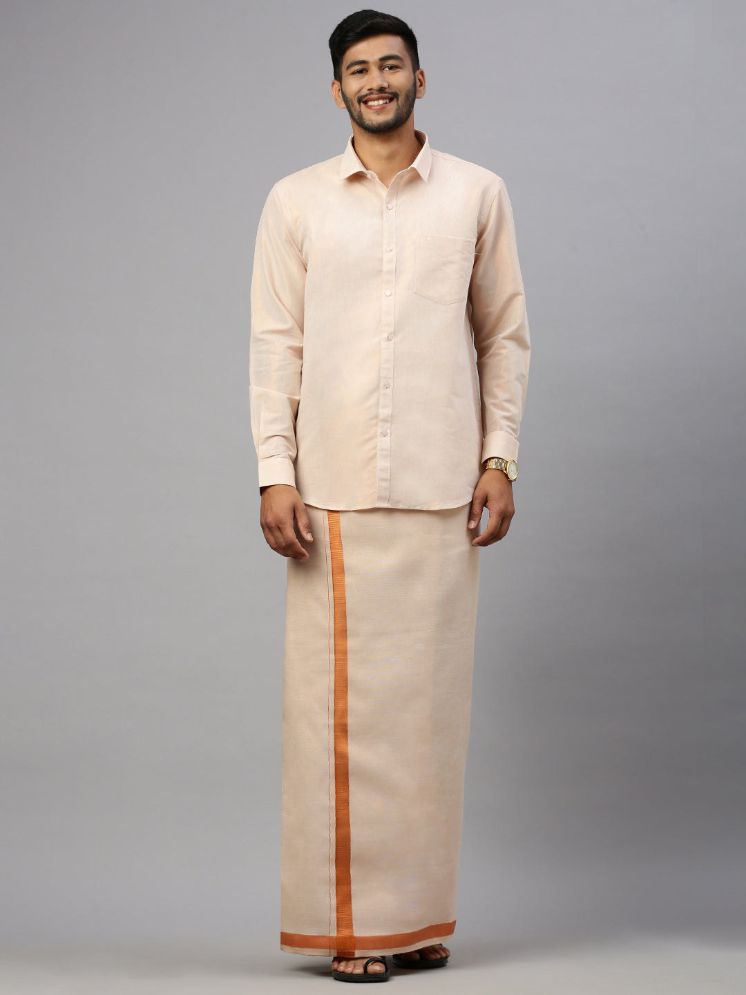 Men Copper Tissue Full Sleeve Shirt with Matching Readymade Single Dhoti Combo