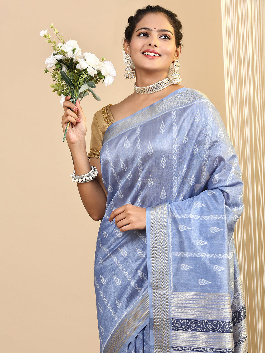 Women Semi Tussar Saree Blue ST176