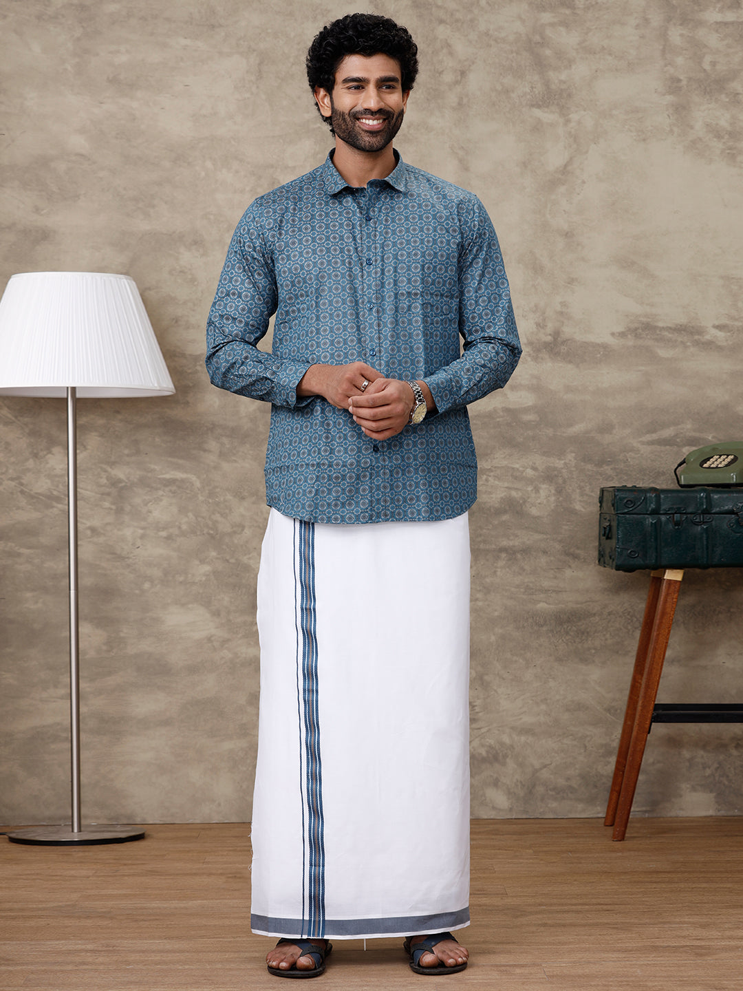 Men Dark Blue With Gray Matching Border Dhoti With Printed Shirt Set Fusion PS4