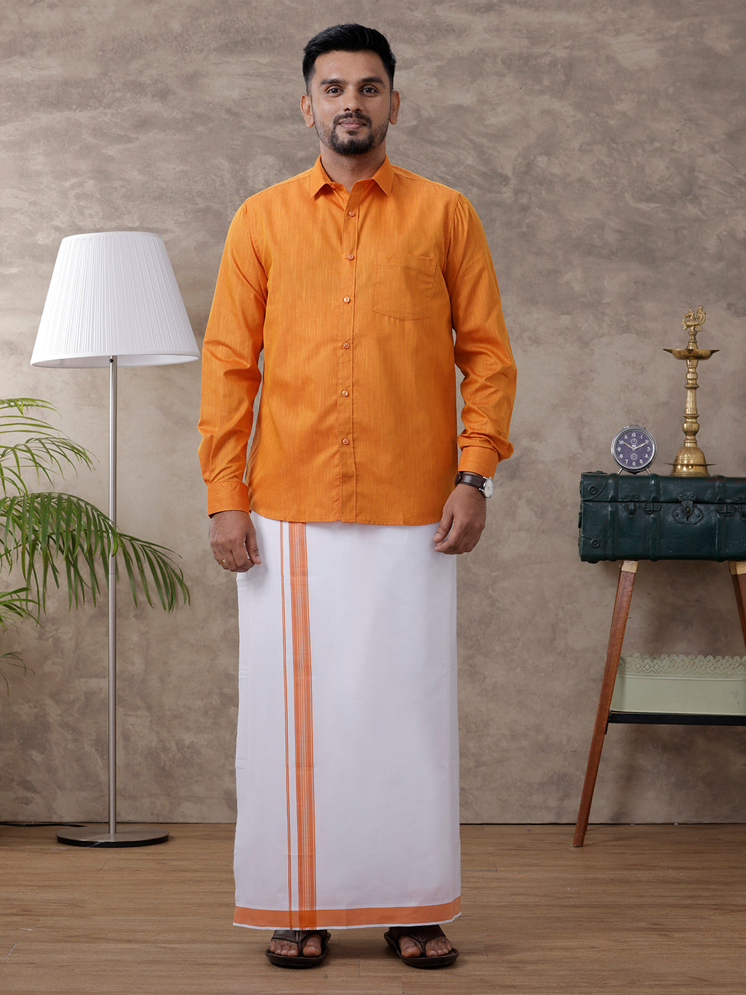 Mens Orange Matching Border Dhoti & Full Sleeves Shirt Set Evolution IC1