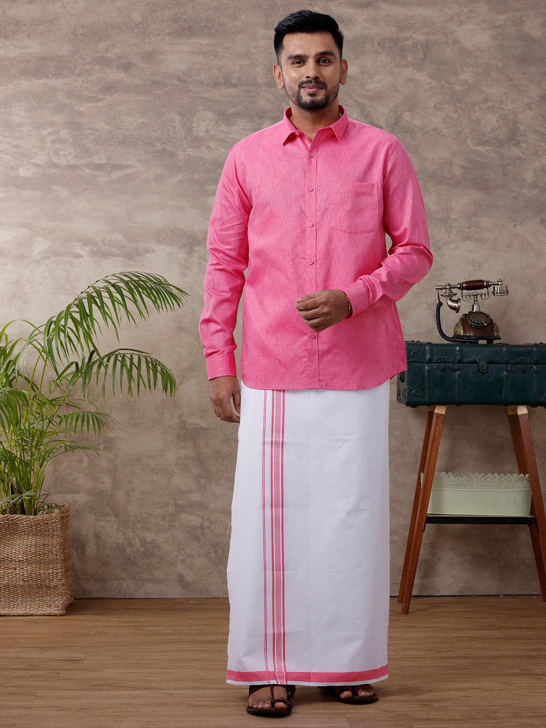 Men Matching Border Dhoti & Full Sleeves Shirt Set Rose C34