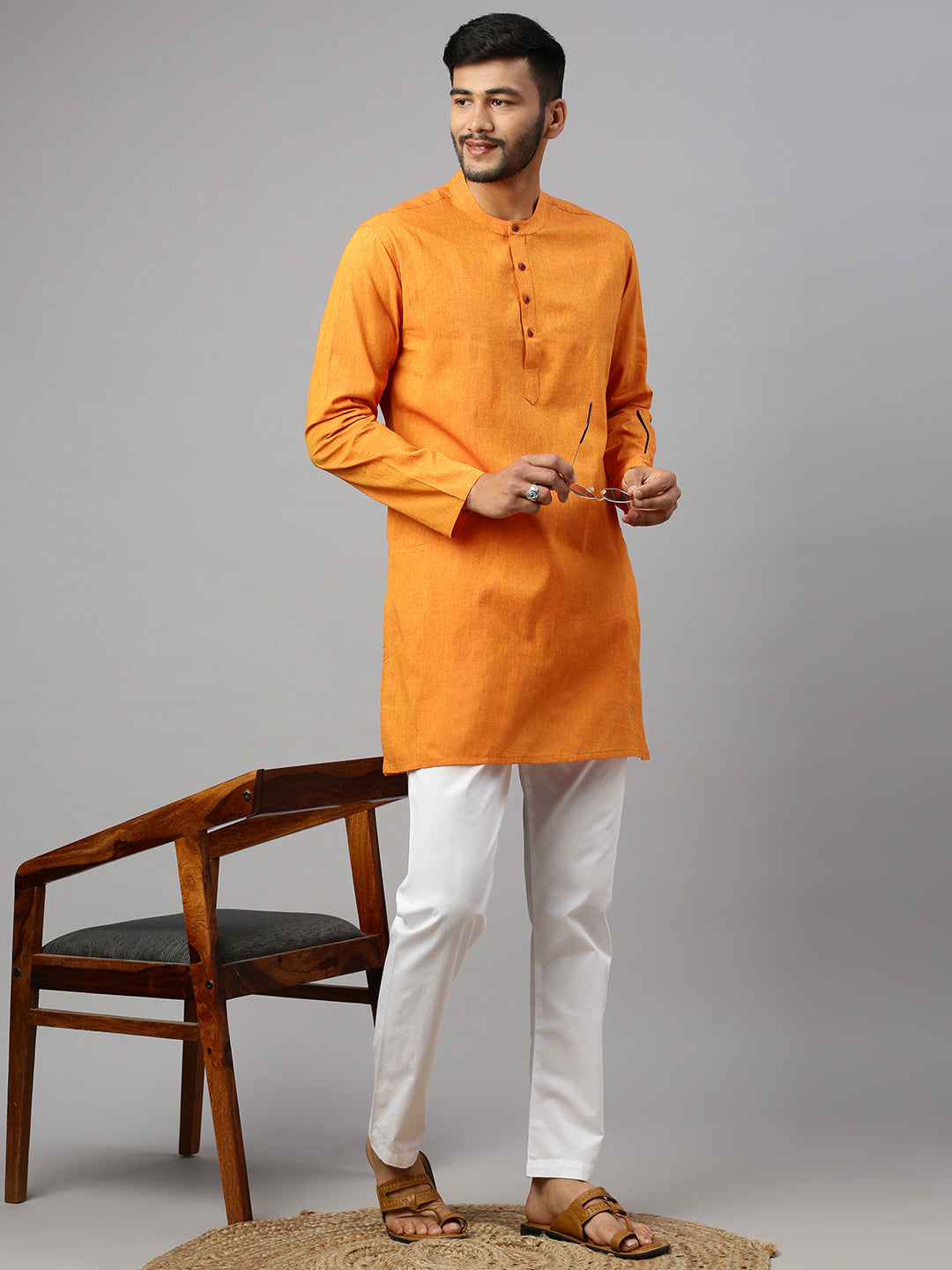 Mens Cotton Deep Suffron Medium Length Pocket Kurta M5