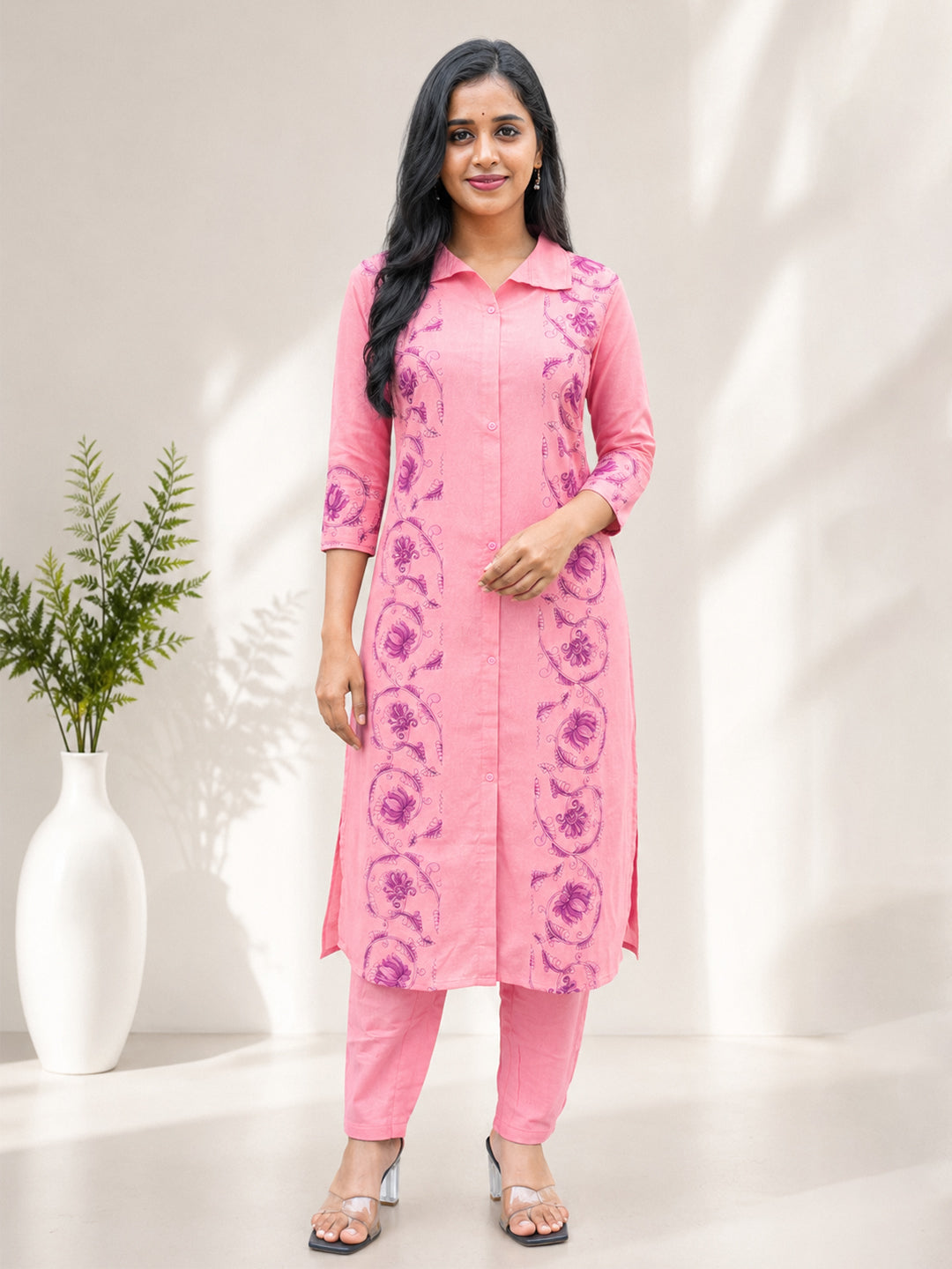 Women Cotton Printed Pink Kurti Set EKS134