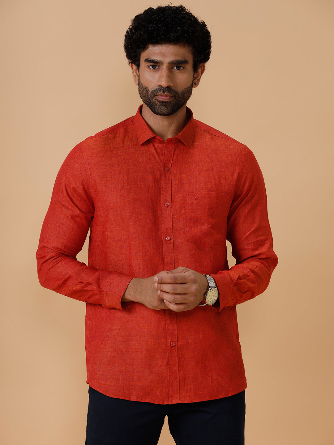 Men Pure Linen Shirt Deep Red L12