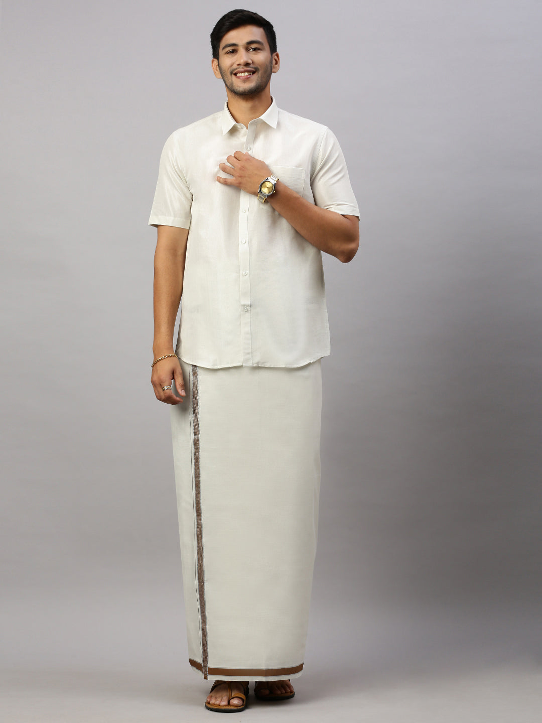 Mens Tissue Brown Fancy Border with Silver Single Dhoti - Extreme Silver