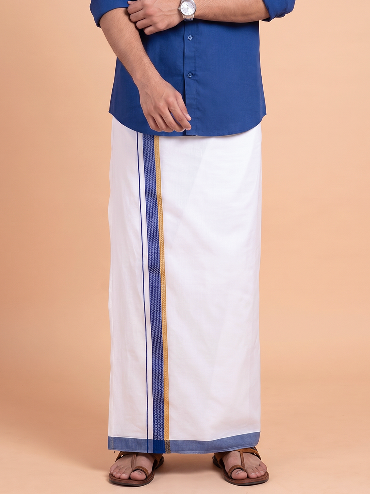 Double Layer Cotton Blend White Dhoti With Fancy Gold Jari Border TGJF08