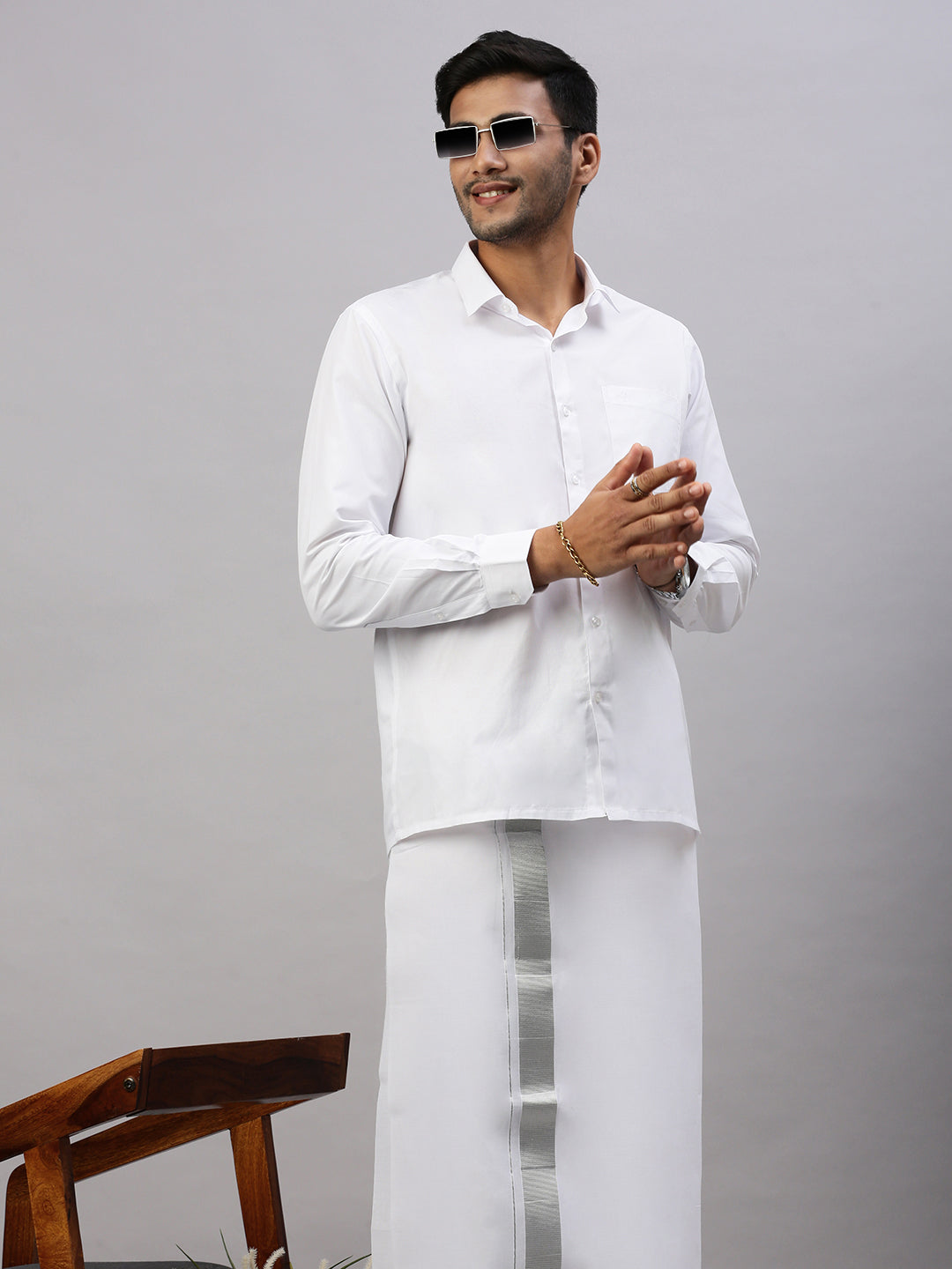 Mens Double Dhoti White with Silver Jari 1 1/2" Silver Coin