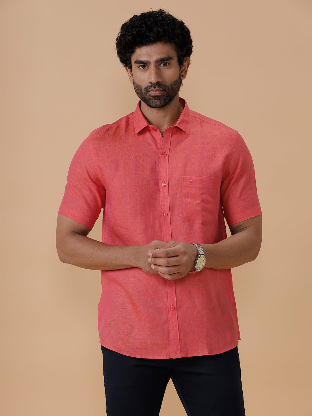 Men Pure Linen Shirt Vivid Red L14