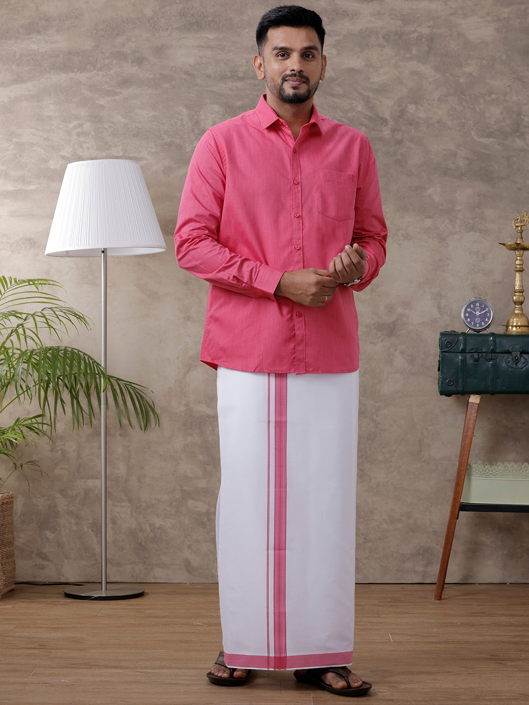 Men Pink Matching Border Dhoti & Full Sleeves Shirt Set Evolution IC2