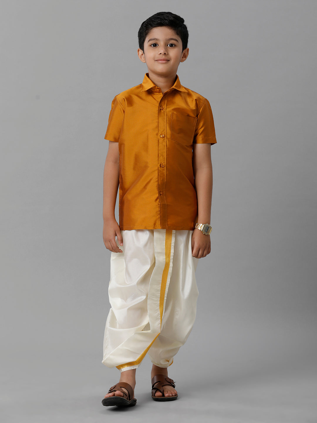 Boys Silk Cotton Mustard Half Sleeves Shirt with Soft Silk Panchakacham Combo K37