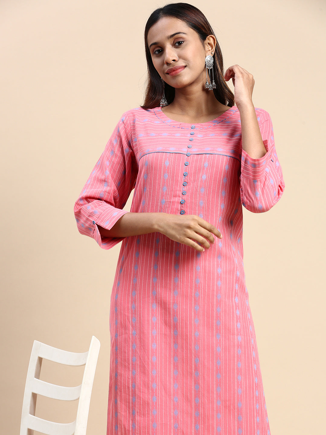 Buy Jaipur Kurti Women Pink Self Weave Straight Cotton Blend Kurta With  Pant (Set Of 2) online