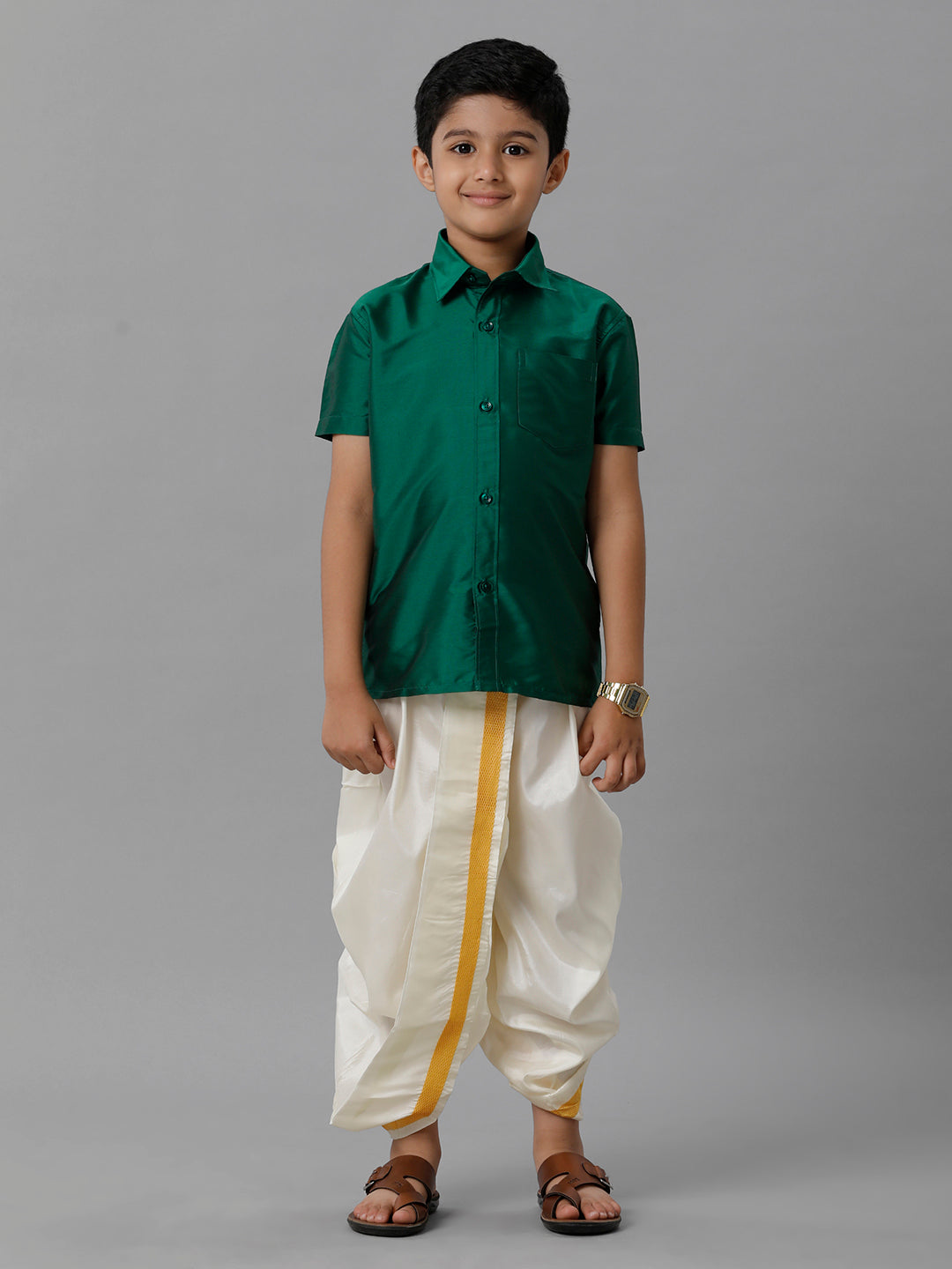 Boys Silk Cotton Dark Green Half Sleeves Shirt with Soft Silk Panchakacham Combo K9