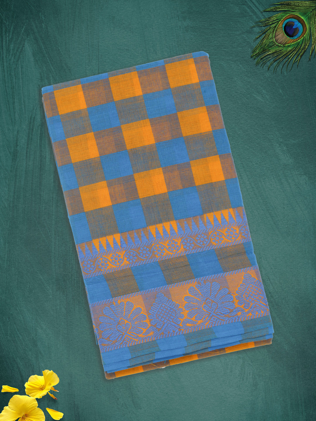 Women Blue with Orange Checks Pure Chettinad Cotton Saree PCS217