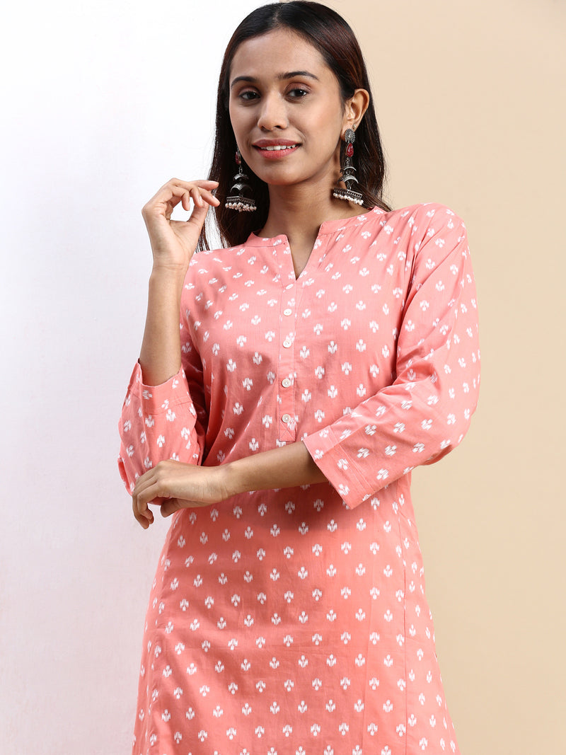 Women Cotton Printed Collar Neck Straight Cut Pink Kurti PK25