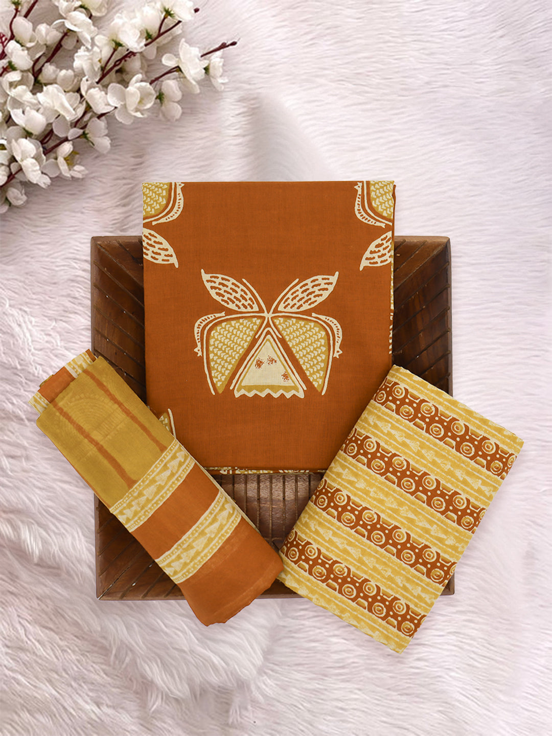 Women Pure Cotton Printed Dress Material Mustard with Rust DM344