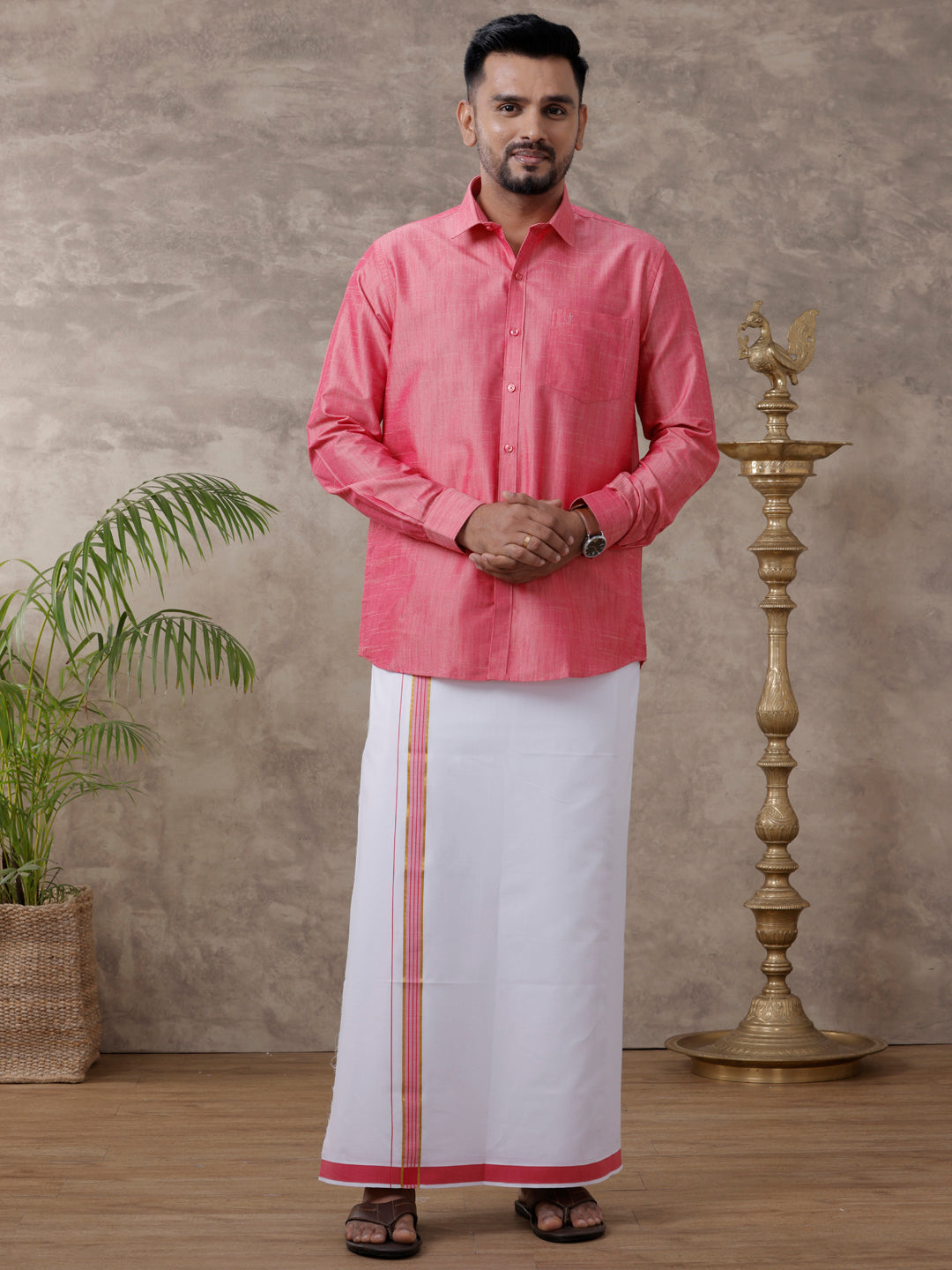 Men Matching Jari Border Dhoti & Full Sleeves Shirt Set Pink VB3