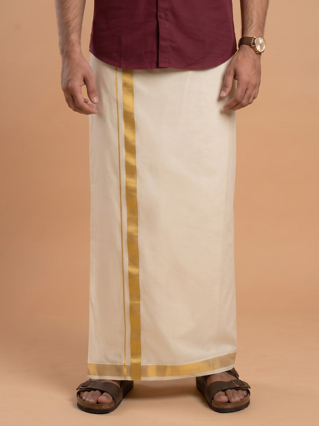 Double Layer 100% Cotton Cream Kora Dhoti with Gold Jari Border